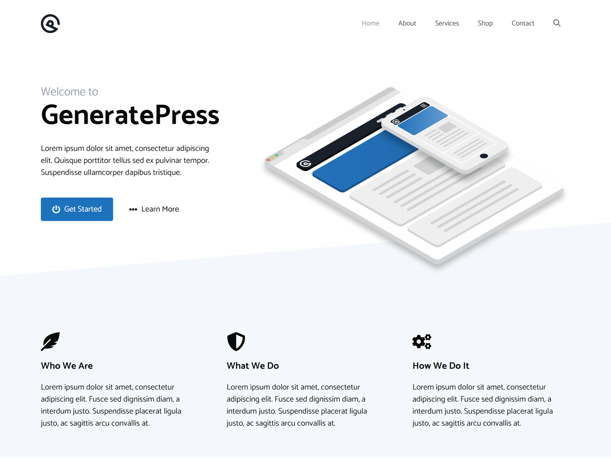 GeneratePress WordPress theme default screenshot showing clean minimal design
